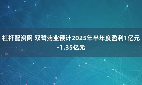 杠杆配资网 双鹭药业预计2025年半年度盈利1亿元-1.35亿元